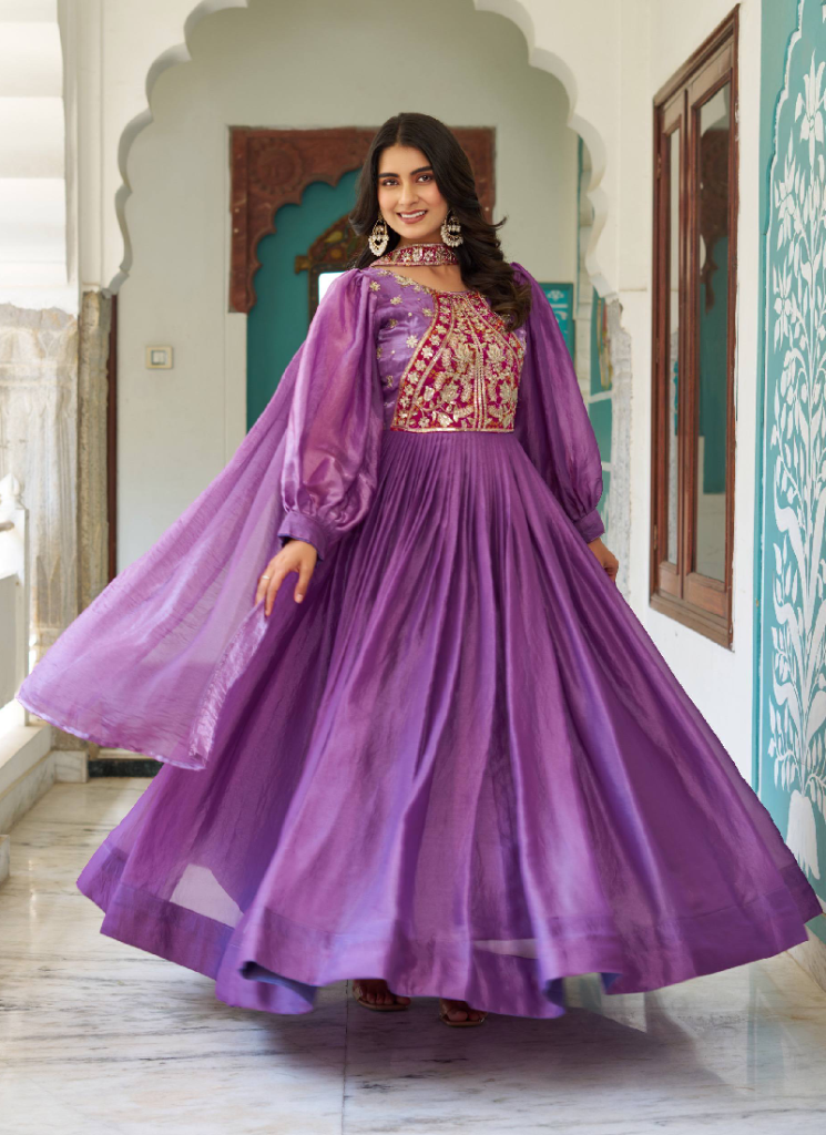 Purple Fendy Silk Sequence Embroidery Work Long Anarkali Gown