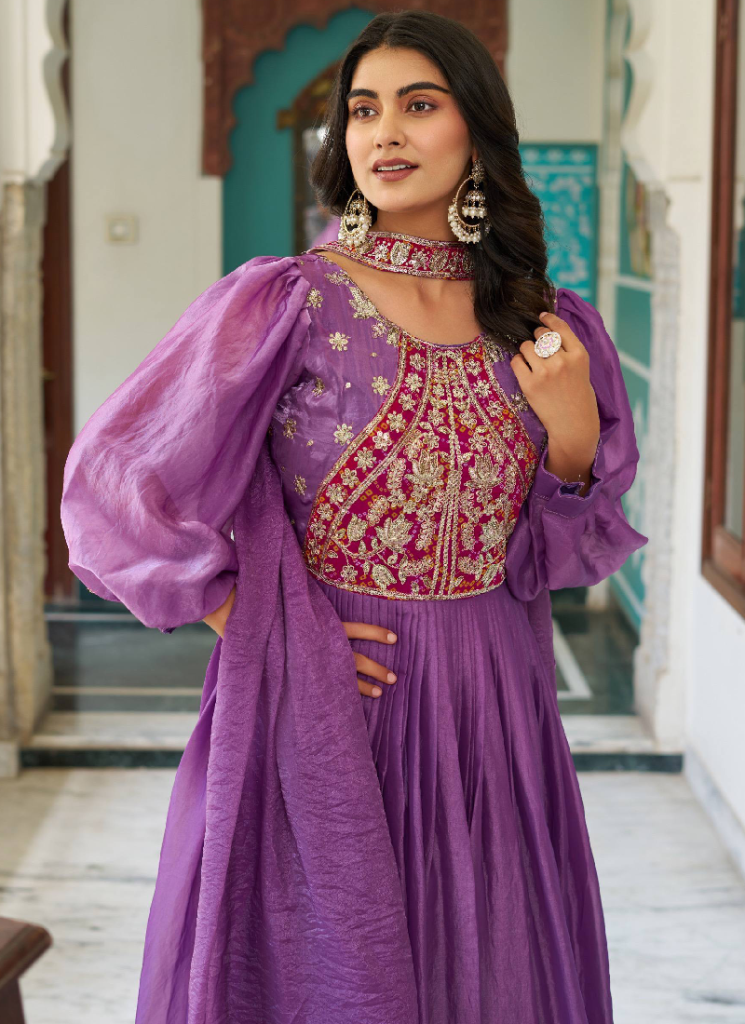 Purple Fendy Silk Sequence Embroidery Work Long Anarkali Gown