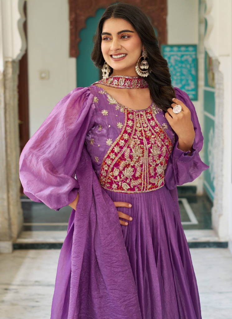 Purple Fendy Silk Sequence Embroidery Work Long Anarkali Gown