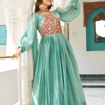Occasion Wear Embroidered Green Silk Long Gown With Dupatta