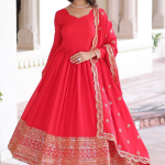 Vichitra Silk Intricate Embroidered Red Anarkali Gown