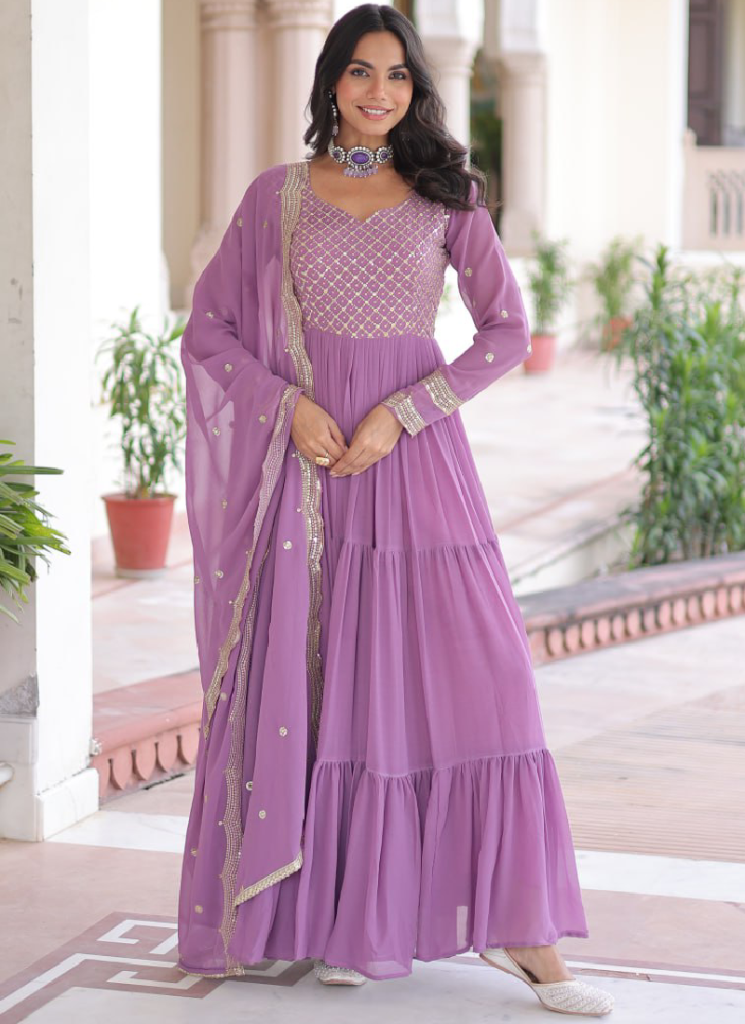 Onion Pink Georgette Embroidered Work Long Gown With Dupatta