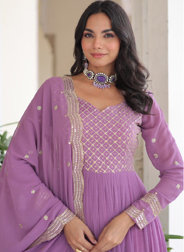 Onion Pink Georgette Embroidered Work Long Gown With Dupatta