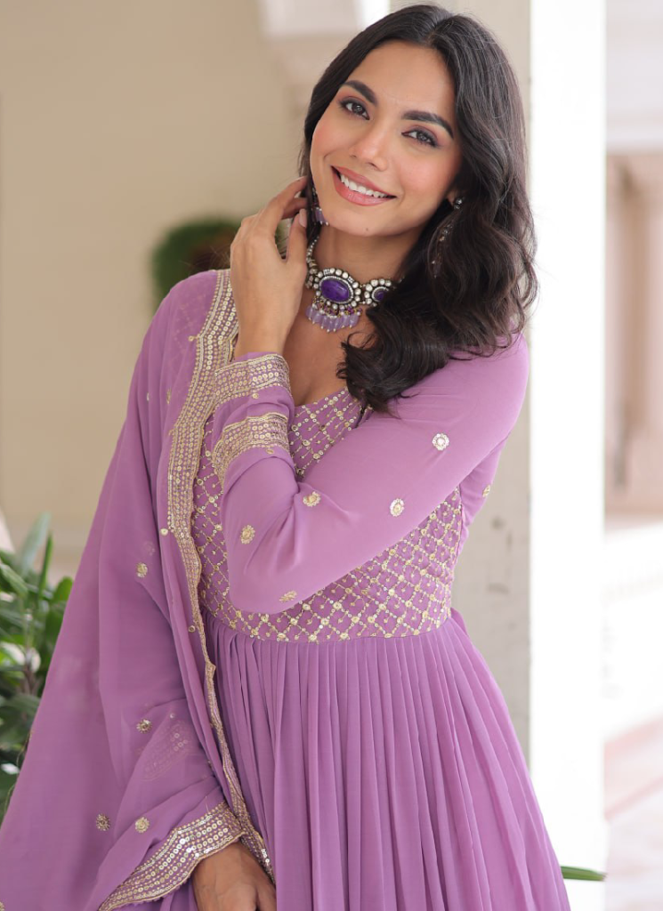 Onion Pink Georgette Embroidered Work Long Gown With Dupatta