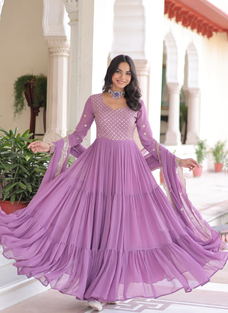 Onion Pink Georgette Embroidered Work Long Gown With Dupatta