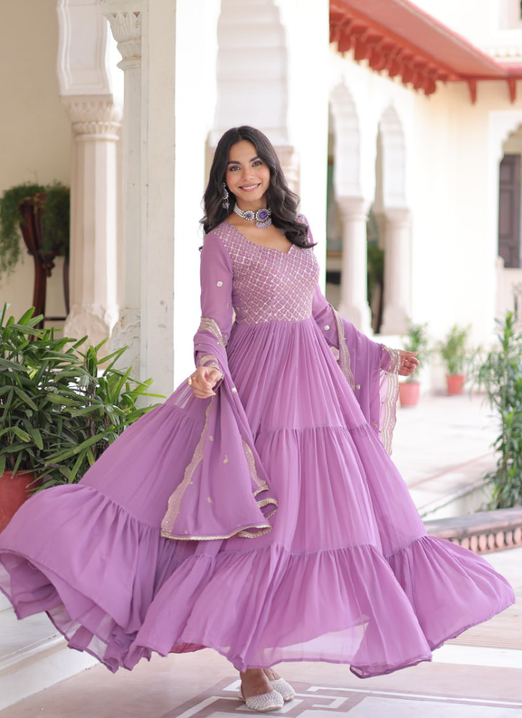 Onion Pink Georgette Embroidered Work Long Gown With Dupatta