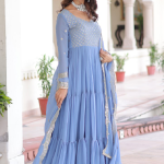 Sky Blue Faux Georgette Sequence Embroidered Three Layer Gown