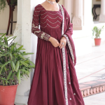 Vichitra Silk Zari Work Maroon Gown With Dupatta