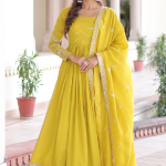 Vichitra Silk Haldi Wear Yellow Anarkali Long Gown