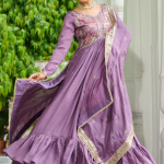 Sequence Embroidered Lavender Vichitra Silk Long Anarkali