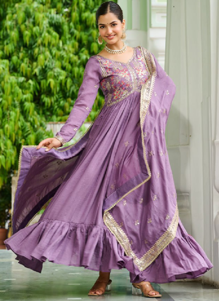 Sequence Embroidered Lavender Vichitra Silk Long Anarkali