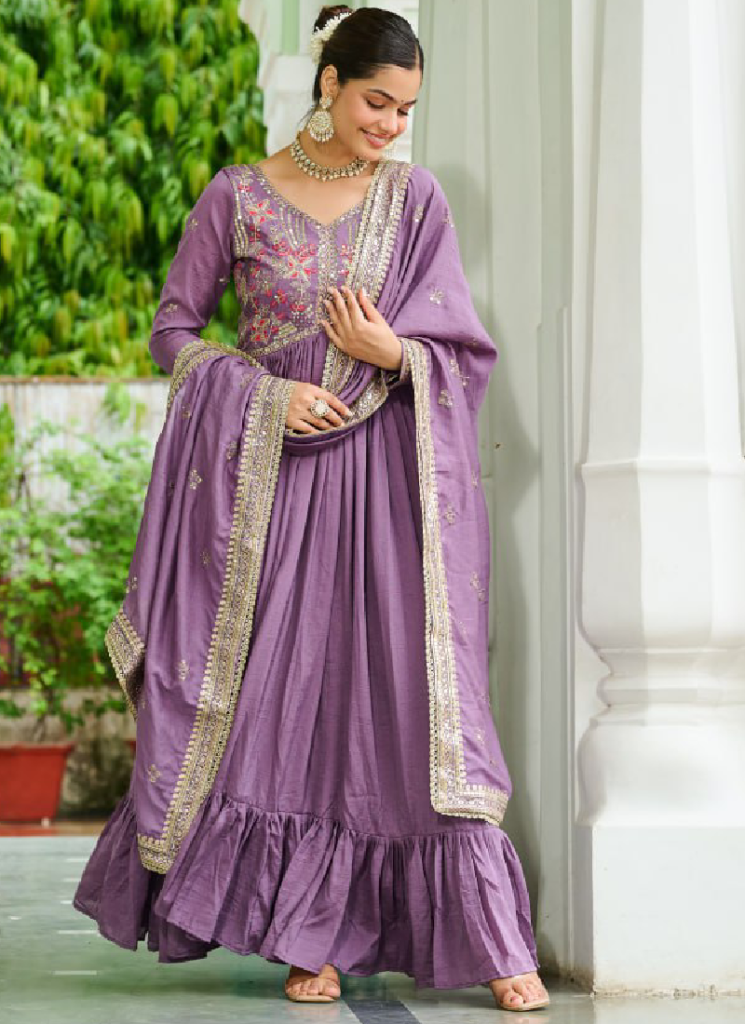 Sequence Embroidered Lavender Vichitra Silk Long Anarkali