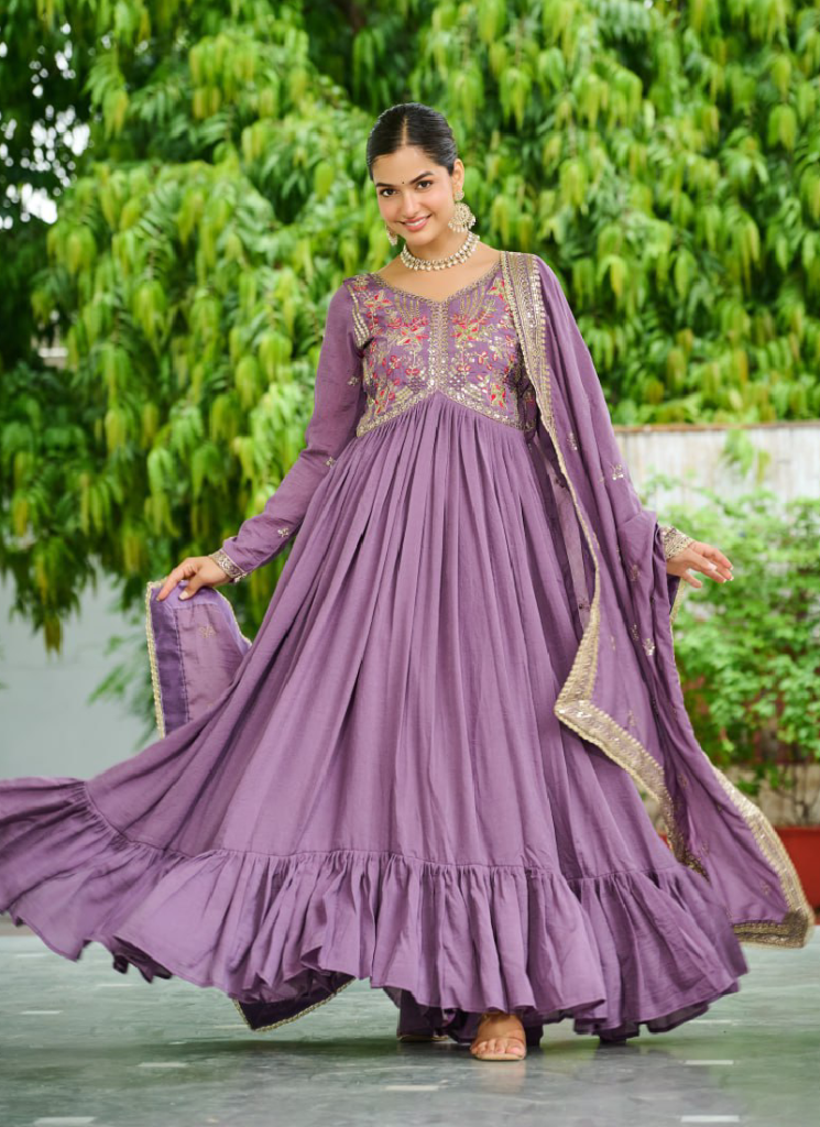 Sequence Embroidered Lavender Vichitra Silk Long Anarkali