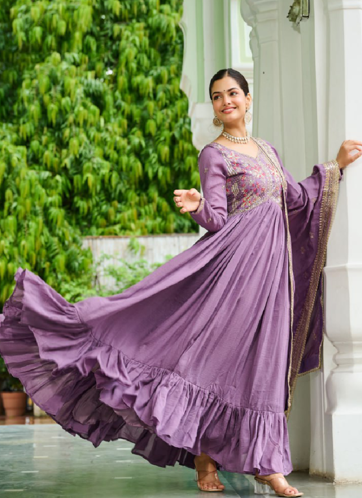 Sequence Embroidered Lavender Vichitra Silk Long Anarkali