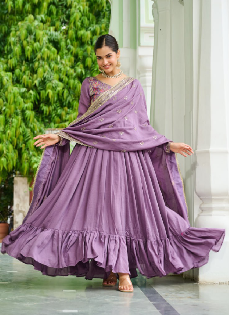 Sequence Embroidered Lavender Vichitra Silk Long Anarkali