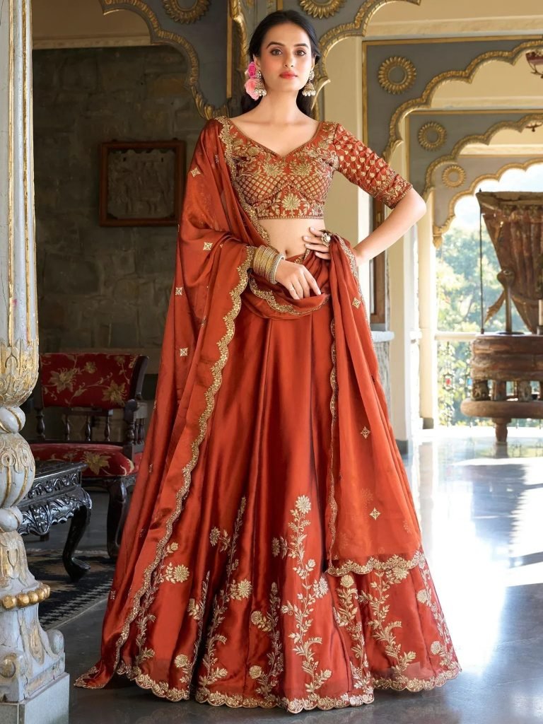 Orange Thread Embroidery Silk Wedding Wear Lehenga Choli