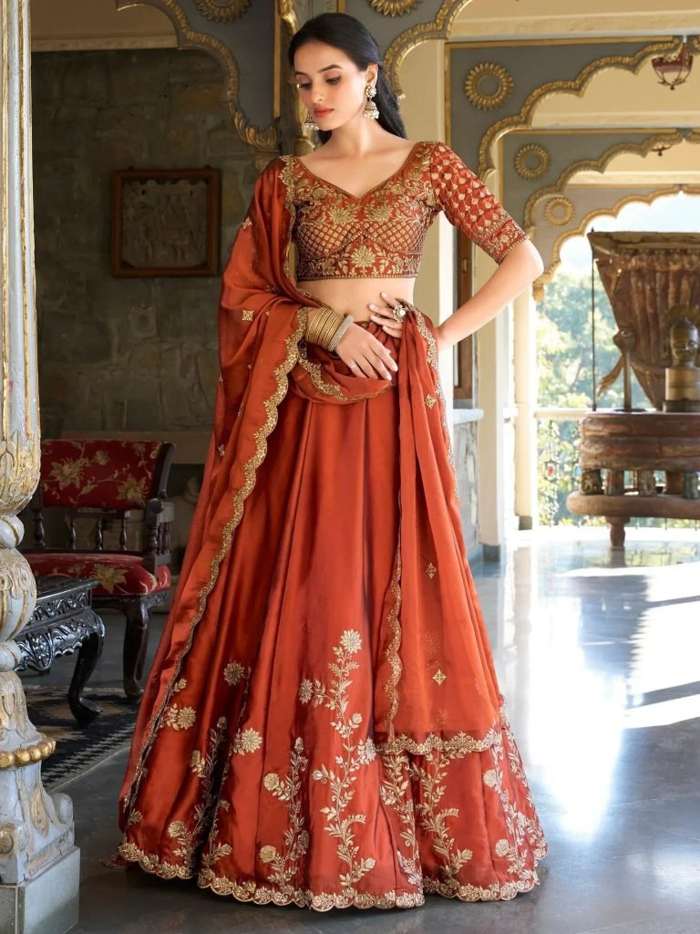 Orange Thread Embroidery Silk Wedding Wear Lehenga Choli