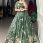 Bottle Green Printed Tussar Silk Crop Top Lehenga With Jacket