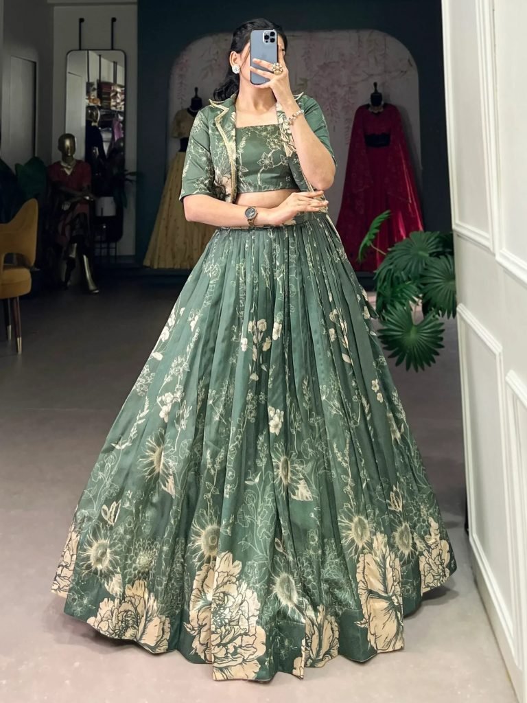 Bottle Green Printed Tussar Silk Crop Top Lehenga With Jacket