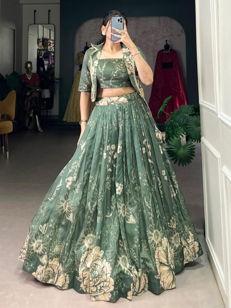 Bottle Green Printed Tussar Silk Crop Top Lehenga With Jacket