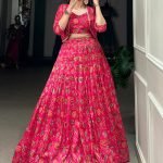 Hot Pink Floral Print Tussar Silk Crop Top Lehenga With Jacket