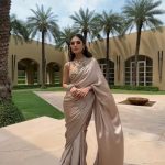 Partywear Champagne Beige Satin Silk Saree with Real Mirror Work Border & Designer Blouse | Party Wear Saree For Women | Mirror Work Saree
