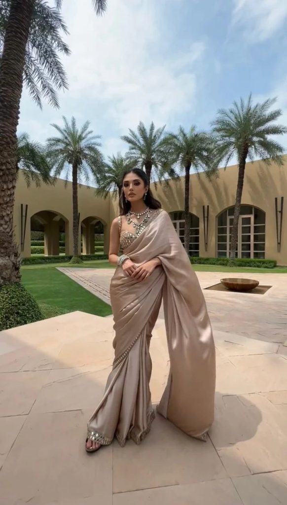 Partywear Champagne Beige Satin Silk Saree with Real Mirror Work Border & Designer Blouse | Party Wear Saree For Women | Mirror Work Saree