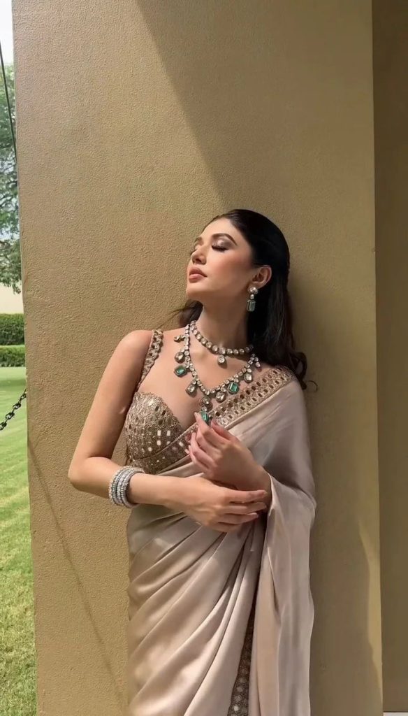 Partywear Champagne Beige Satin Silk Saree with Real Mirror Work Border & Designer Blouse | Party Wear Saree For Women | Mirror Work Saree