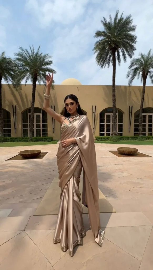 Partywear Champagne Beige Satin Silk Saree with Real Mirror Work Border & Designer Blouse | Party Wear Saree For Women | Mirror Work Saree