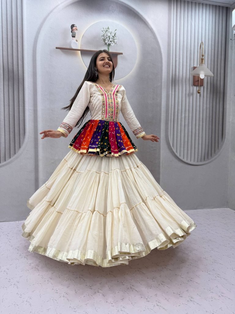 Elegant Ivory Mirror Work Navratri Lehenga Choli+Kediyu – Multicolor Garba Special