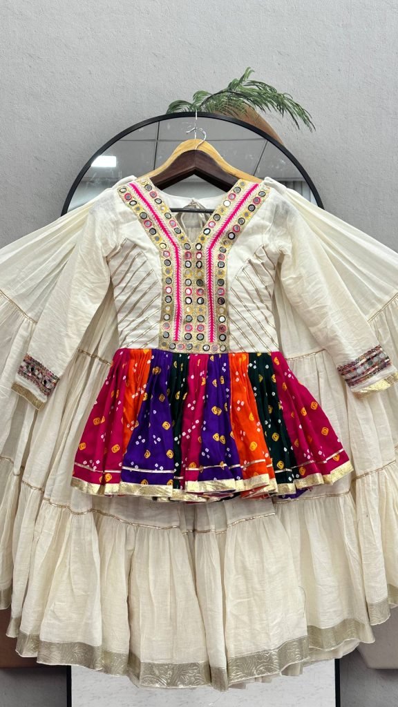 Elegant Ivory Mirror Work Navratri Lehenga Choli+Kediyu – Multicolor Garba Special