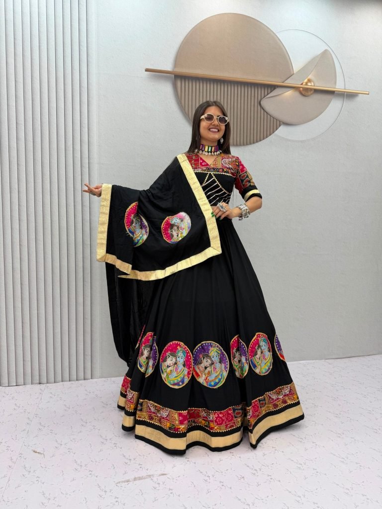Radha Krishna Patola Print Designer Chaniya Choli – Black & White Festive Collection