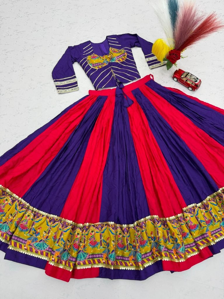 Royal Purple & Hot Pink Navratri Lehenga Choli with Peacock Print Border | Designer Garba Chaniya Choli