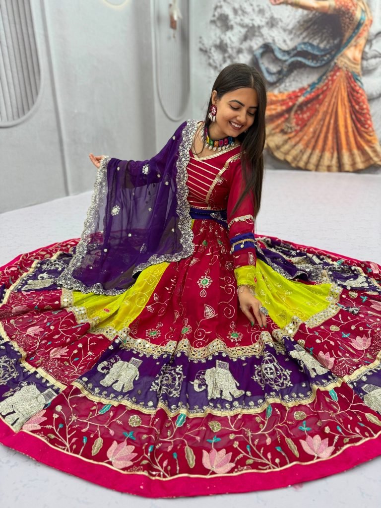Royal Wine & Purple Kalamkari Navratri Lehenga Choli – Multicolor Garba Special