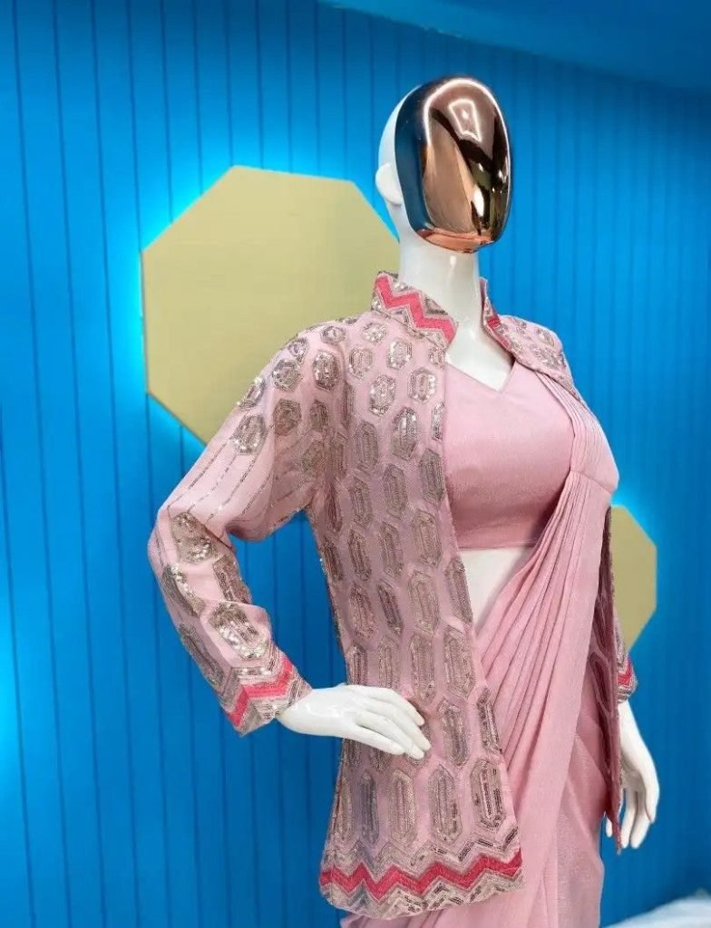Beautiful Light Pink Pre-Stitched Draped one Minute Saree with Blouse & Jacket