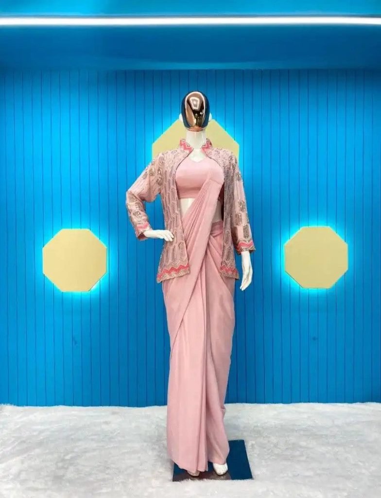 Beautiful Light Pink Pre-Stitched Draped one Minute Saree with Blouse & Jacket