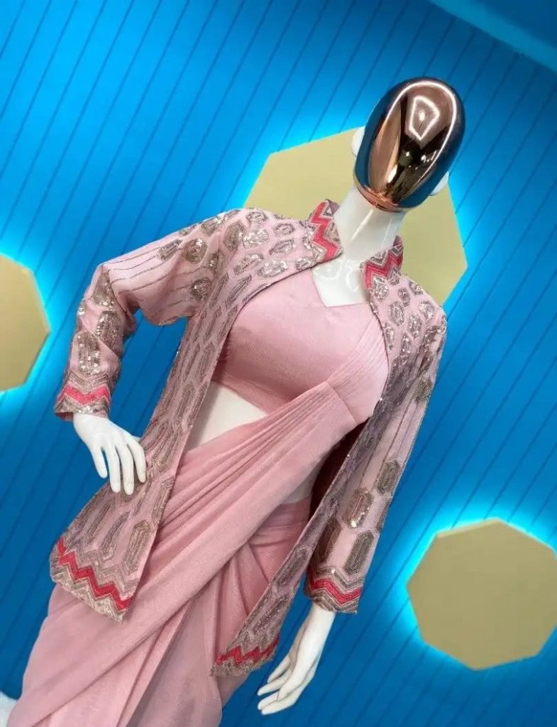 Beautiful Light Pink Pre-Stitched Draped one Minute Saree with Blouse & Jacket