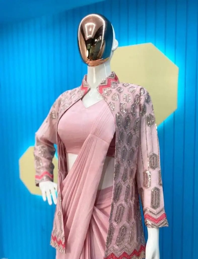 Beautiful Light Pink Pre-Stitched Draped one Minute Saree with Blouse & Jacket