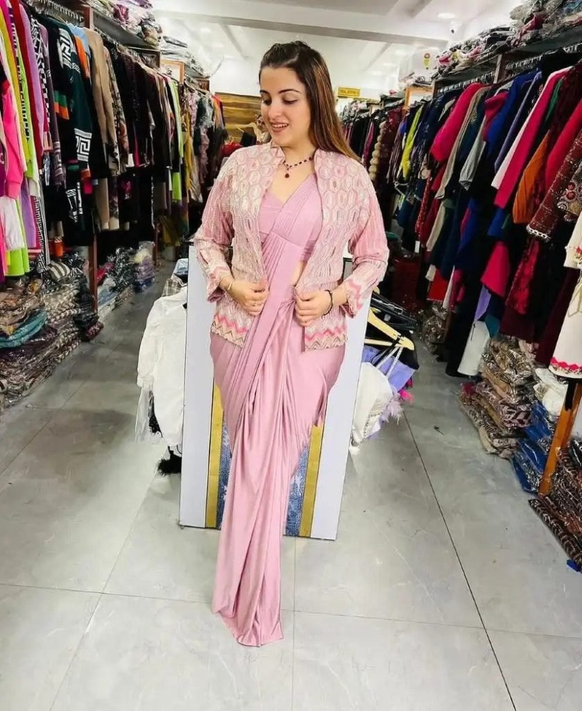 Beautiful Light Pink Pre-Stitched Draped one Minute Saree with Blouse & Jacket