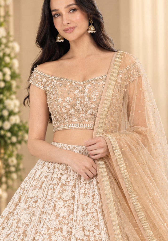 Demanding Net Fabric Chiku Color Party wear Lehenga choli