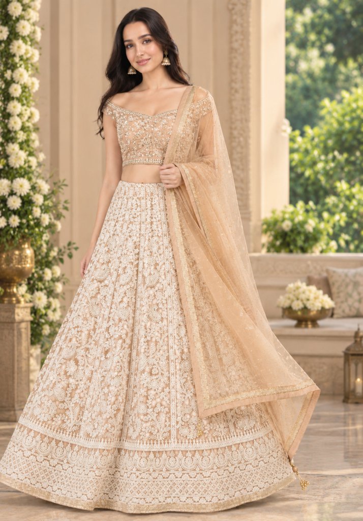 Demanding Net Fabric Chiku Color Party wear Lehenga choli