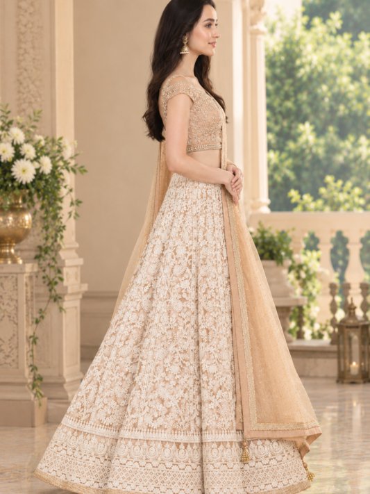 Demanding Net Fabric Chiku Color Party wear Lehenga choli