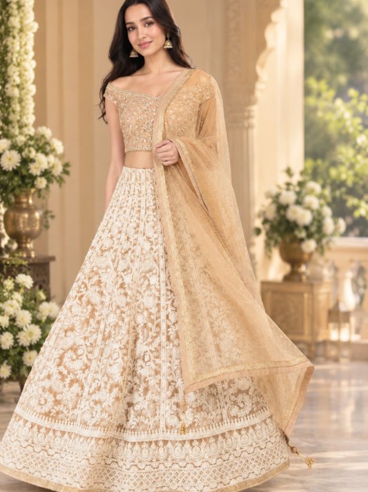 Demanding Net Fabric Chiku Color Party wear Lehenga choli
