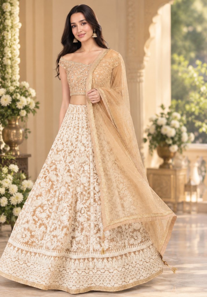 Demanding Net Fabric Chiku Color Party wear Lehenga choli