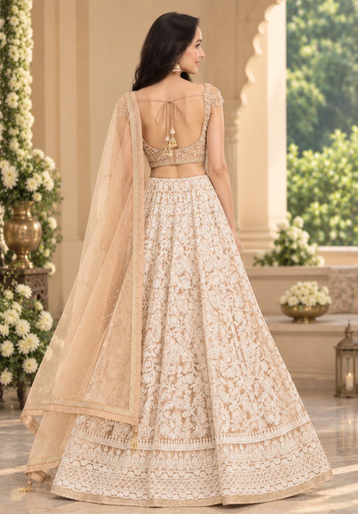 Demanding Net Fabric Chiku Color Party wear Lehenga choli