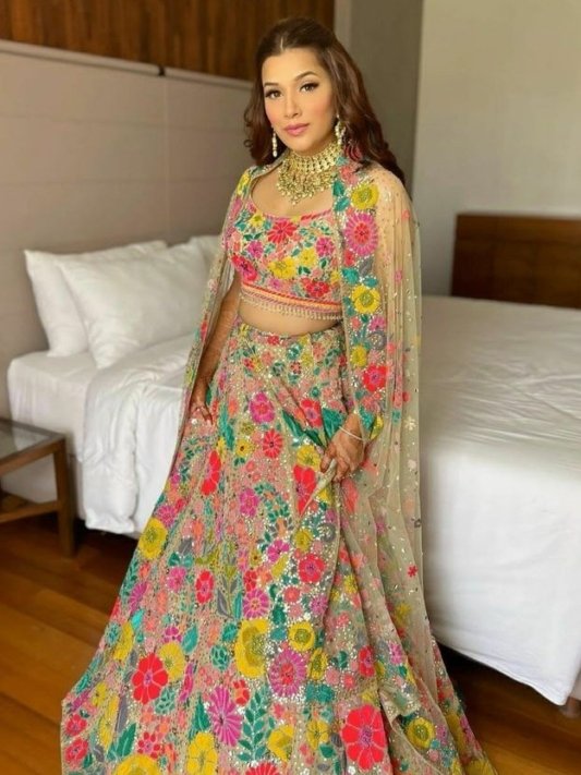 Multi-Color Sequence Embroidery Work Net Lehenga Choli