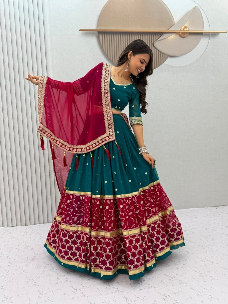 Teal & Wine Embroidered Festive Lehenga Choli with Dupatta