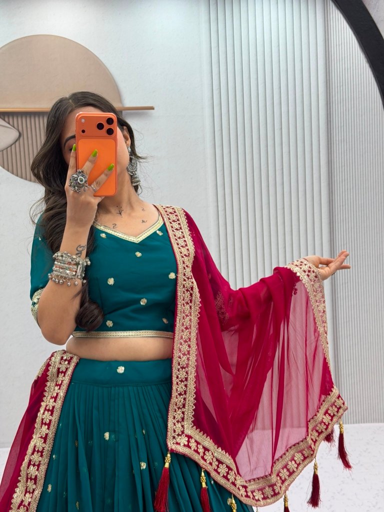 Teal & Wine Embroidered Festive Lehenga Choli with Dupatta