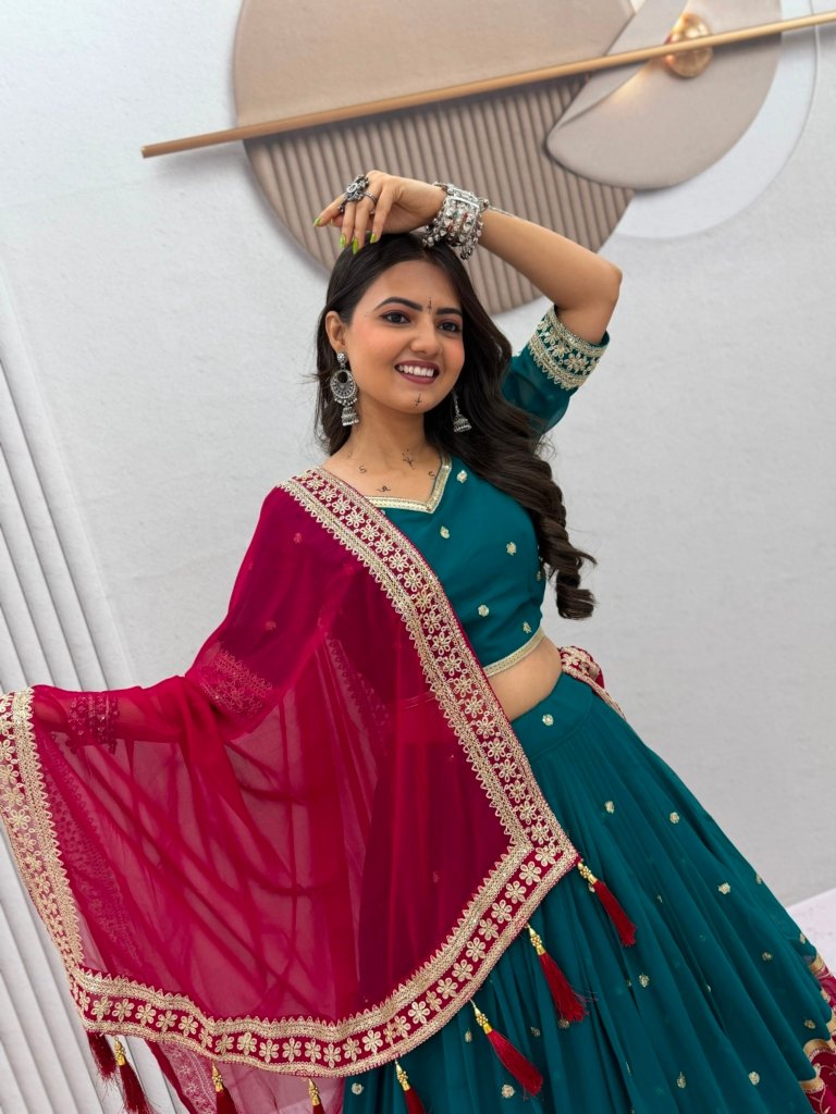 Teal & Wine Embroidered Festive Lehenga Choli with Dupatta
