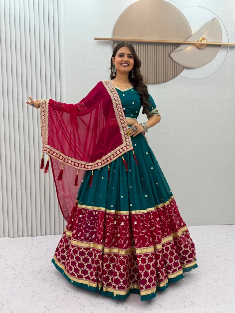 Teal & Wine Embroidered Festive Lehenga Choli with Dupatta